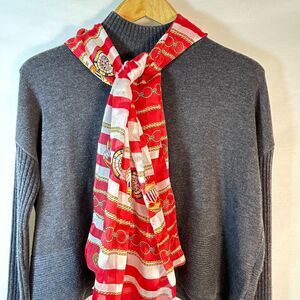 VTG Made In Italy Red White Stripe Chain Nautical Detail Long Rectangular Scarf
